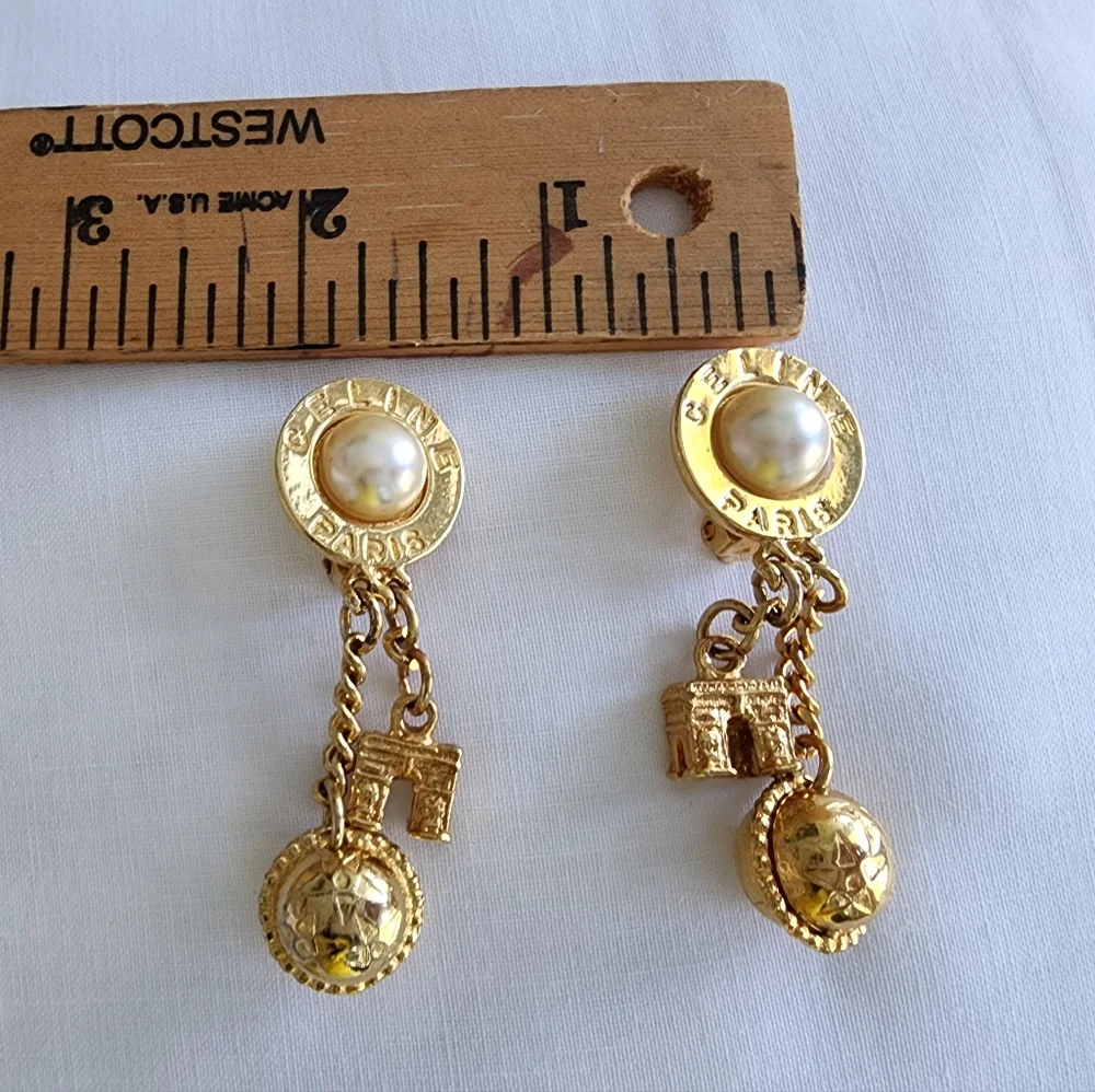 CELINE PARIS Gold Tone Pearl Arc de Triomphe Golden Ball Clip Earrings - Picture 4 of 8